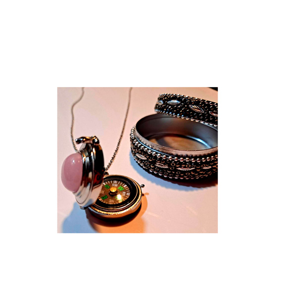 STEAMPUNK FABULOUS! Galilea Rose Quartz Compass Stainless locket - Picture 1 of 10